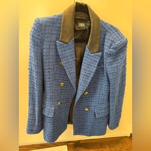 Zara blue tweed blazer with leather trim